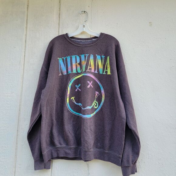 Nirvana Smiley Face Sweatshirt Sz Large Brown Pullover Rock Band Sweater Graphic - Picture 1 of 4